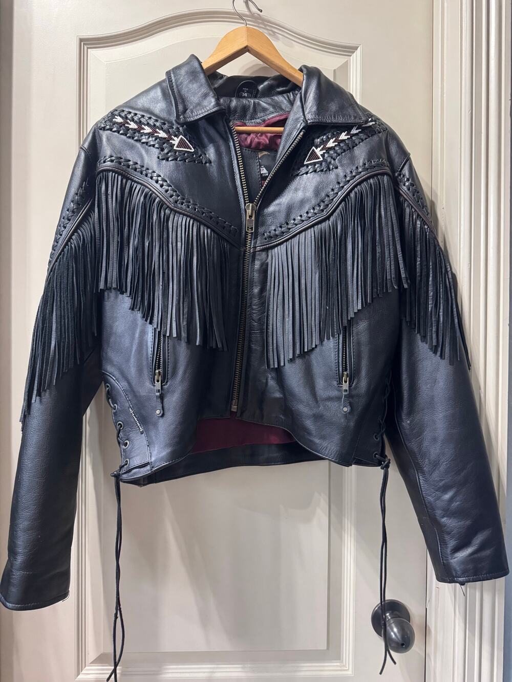 Jamin Leather Black Fringe Motorcycle Jacket Size 14 – Beaded Western Biker